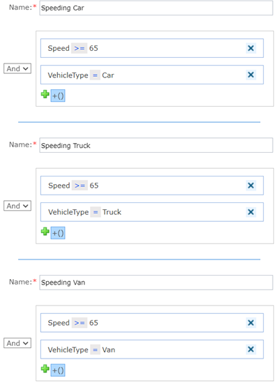 Example choice element configuration to filter speeding vehicles based on type