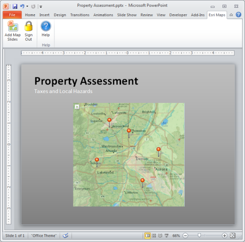 الخريطة المتضمنة كجزء من شريحة PowerPoint باستخدام ArcGIS Maps for Office