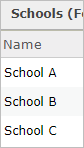 لقطة شاشة لجدول البيانات الجدولية لطبقة المدارس تظهر أسماء المدارس الموجودة في حقل الاسم
