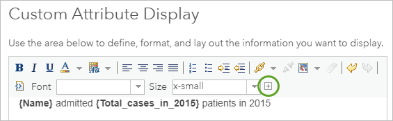 نافذة عرض البيانات الجدولية المخصصة مع العبارة {Name} admitted {Total_cases_in_2015} المرضى في 2015 وعرض زر إضافة اسم الحقل في نهاية قائمة الأزرار