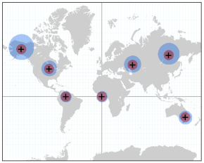 خريطة العالم مع نطاقات مستوية وجيوديسية حول مدن مختارة