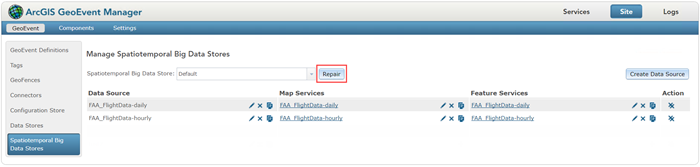 Spatiotemporal big data store repair button in GeoEvent Manager
