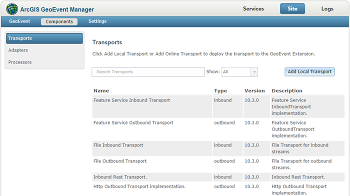 List of available transports deployed with GeoEvent Server