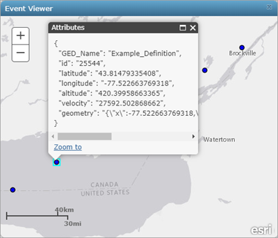 GeoEvent attribute data viewed in a pop-up in the Event Viewer window