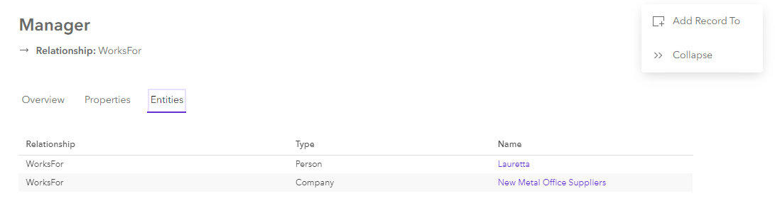 Inhalt einer ausgewählten Beziehung auf der Registerkarte "Entitäten" in der Wissensgraph-Ansicht