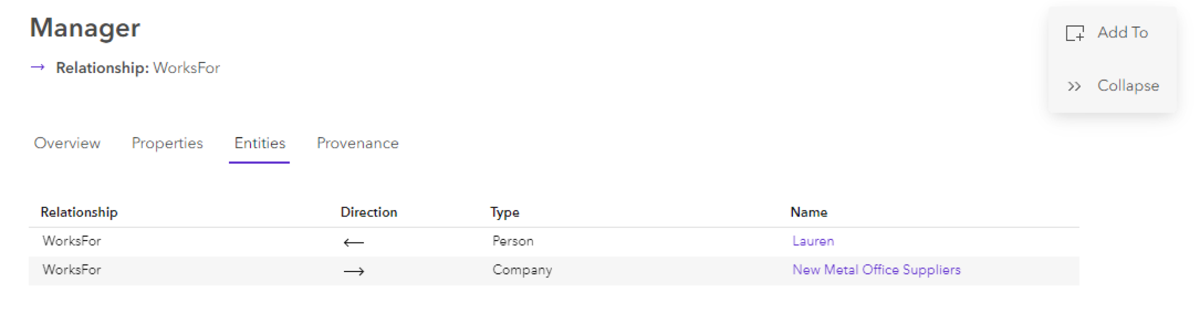 Inhalt einer ausgewählten Beziehung auf der Registerkarte "Entitäten" in der Wissensgraph-Ansicht