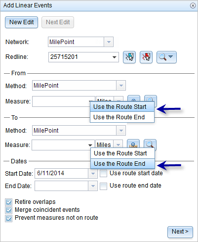 Get the from and to measure values of the event from the route start and route end values