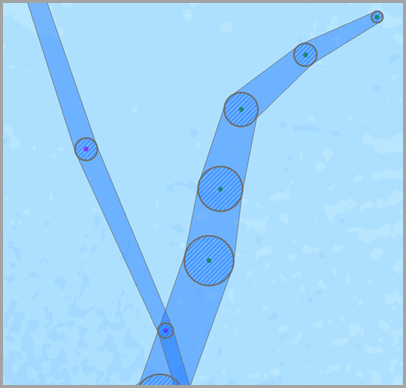 Eingabepunkte (grün), Zwischenpuffer für Visualisierung (blaue Schraffur) und resultierende polygonale Spur (blau)