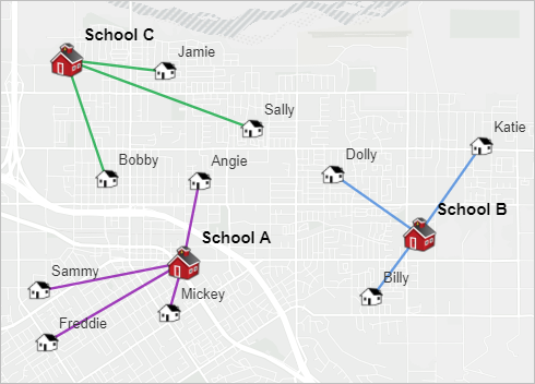 Screenshot einer Karte mit der Ausgabe des Werkzeugs mit Verbindungslinien zwischen allen Schülern und ihren jeweiligen Schulen