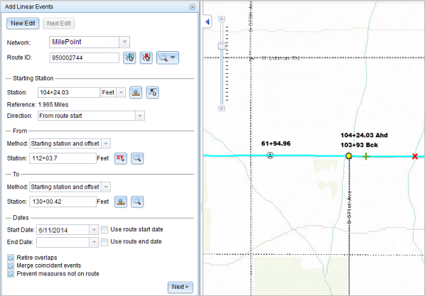 Locating the From measure and To measure values as an offset from the starting station