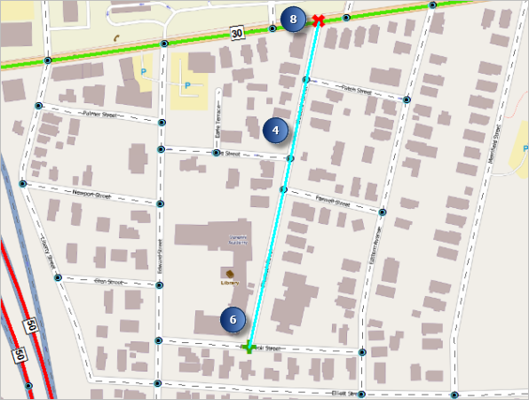 The start measure and end measure values highlighted on the selected route