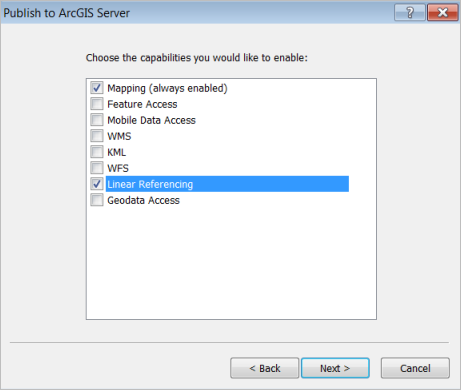 Publish to ArcGIS Server dialog box with Linear Referencing check box checked