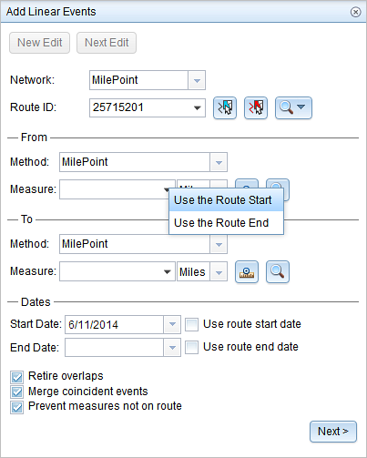 Get the start measure value of the event from the route start value