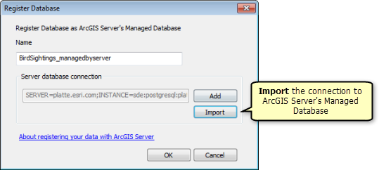 Importieren Sie im Fenster "Datenbank registrieren" die Verbindung zur verwalteten Datenbank des ArcGIS-Servers.