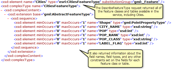 Feature-Classes, Tabellen und Feldinformationen, die von der DescribeFeatureType-Operation zurückgegeben werden