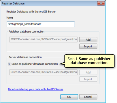 Klicken Sie im Fenster "Datenbank registrieren" auf die Option "Die gleiche wie die Publisher-Datenbankverbindung".