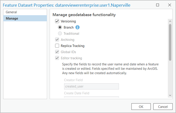 Feature Dataset Properties dialog box with the Manage tab selected