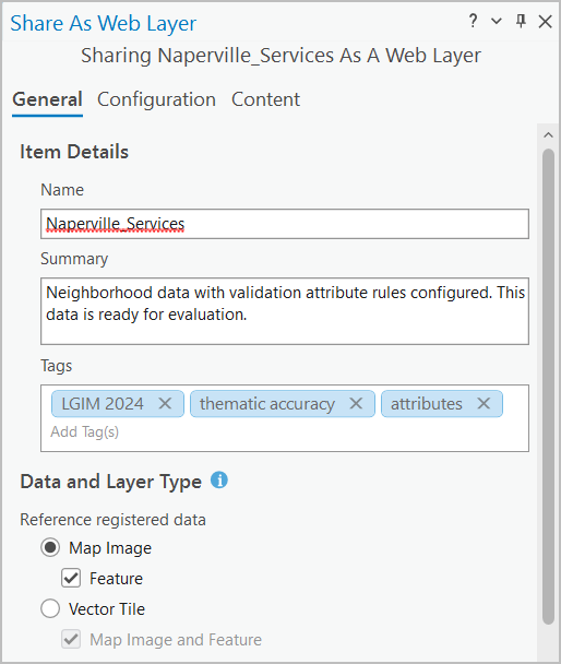 Share As Web Layer pane with parameters populated