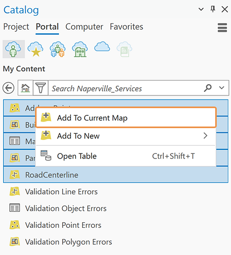 Catalog pane with Add To Current Map selected