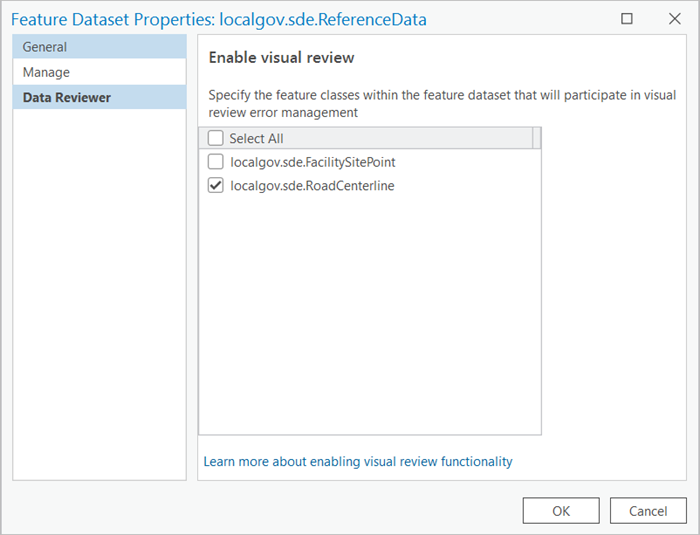Feature Dataset Properties dialog box with the Data Reviewer tab active and Enable visual review settings
