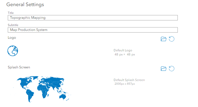 Map Production System dialog box with options to configure the app's logo under General Settings