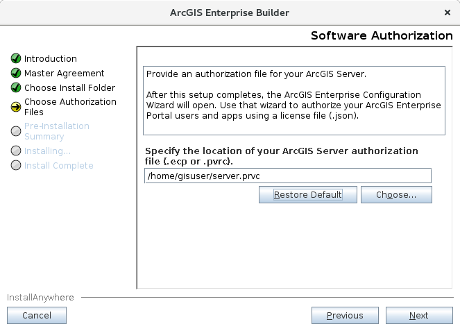 Specify the location for your ArcGIS Server authorization file.