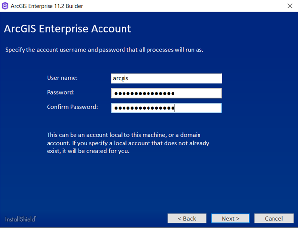Specify the account user name and password that all processes will run as.