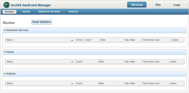 Empty Monitor page in GeoEvent Manager