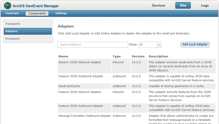List of available adapters deployed with the