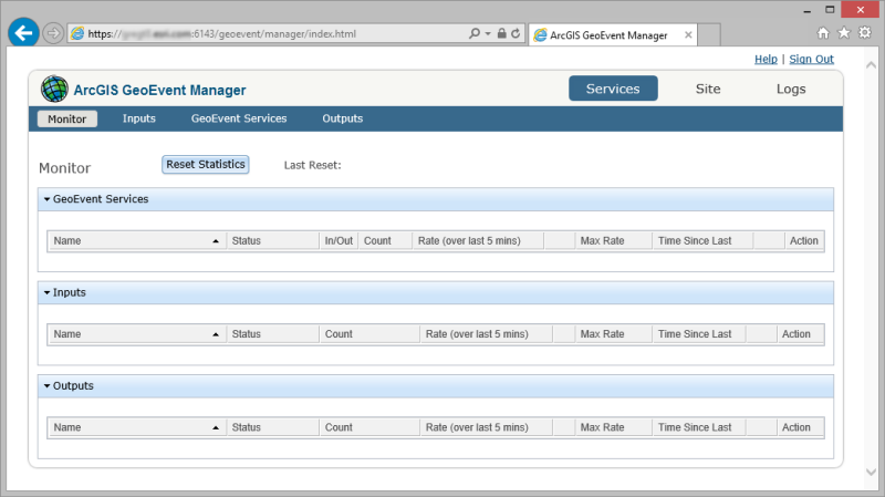 ArcGIS GeoEvent Manager Monitor page.