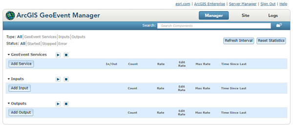 Manager page in GeoEvent Manager Manager page in GeoEvent Manager