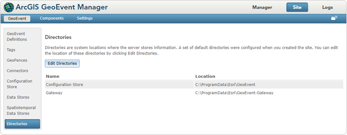 Directories page in GeoEvent Manager