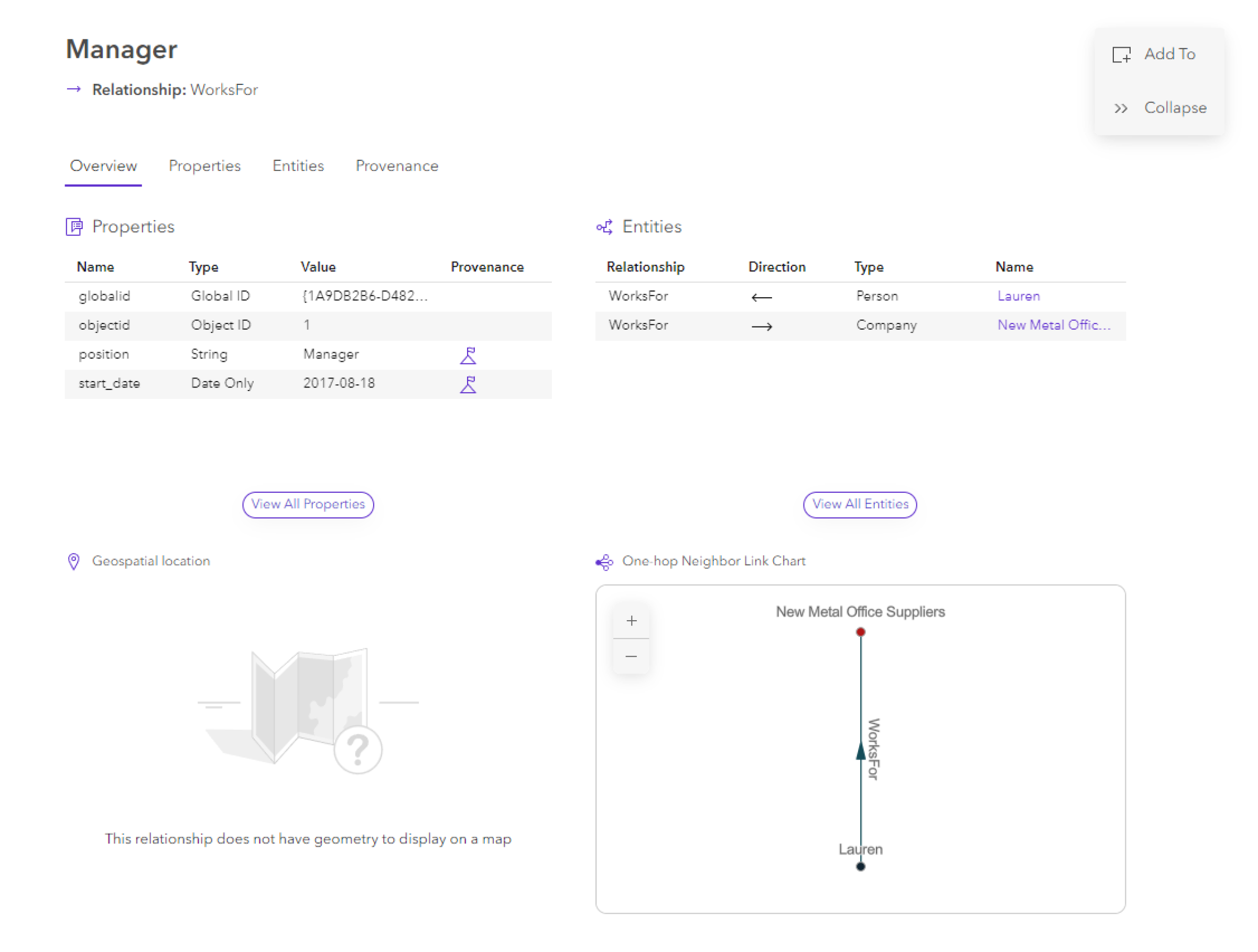 Content for a selected relationship on the Overview tab in the knowledge graph view