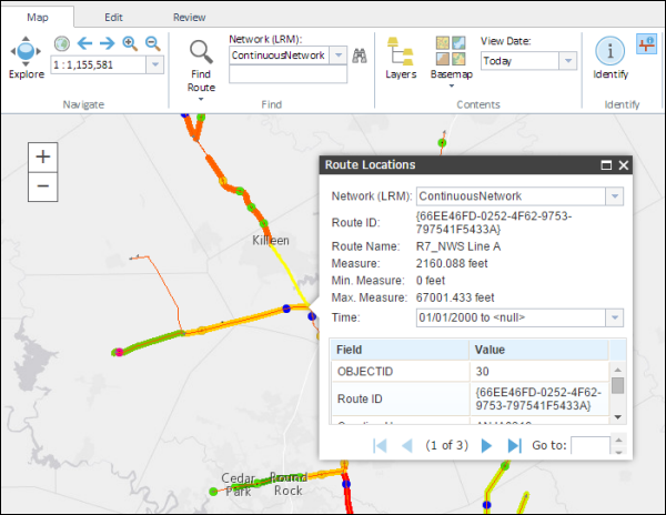 Viewing results in the Route Locations window