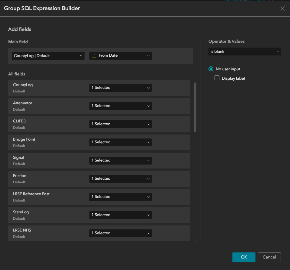 Use the Group SQL Expression Builder to build an expression that includes the is blank operator