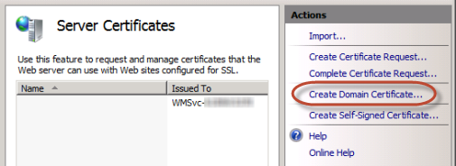 Create Domain Certificate link in IIS Manager