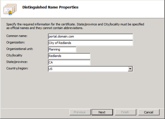 Distinguished Name Properties dialog box in IIS Manager