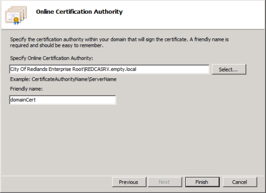 Online Certification Authority dialog box in IIS Manager