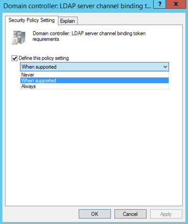 Domain controller setting for LDAP server channel binding