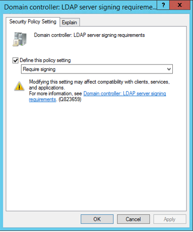 Domain controller setting for LDAP server signing requirements
