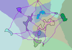Cost distance allocation with regions connected by paths