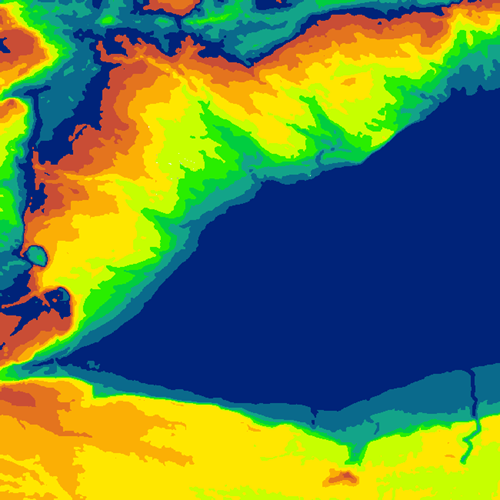 Space between contours filled with the elevation quantized value and displayed with a color ramp