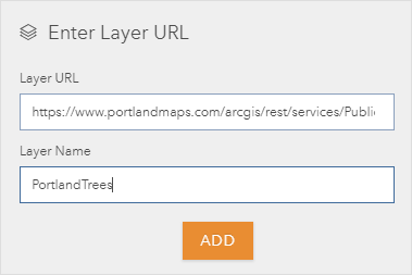 The Enter Layer URL pane showing the service URL and Layer Name set to PortlandTrees