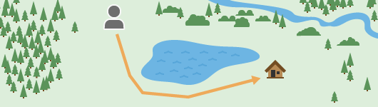 The hiker's path changes when a lake is in between them and the cabin