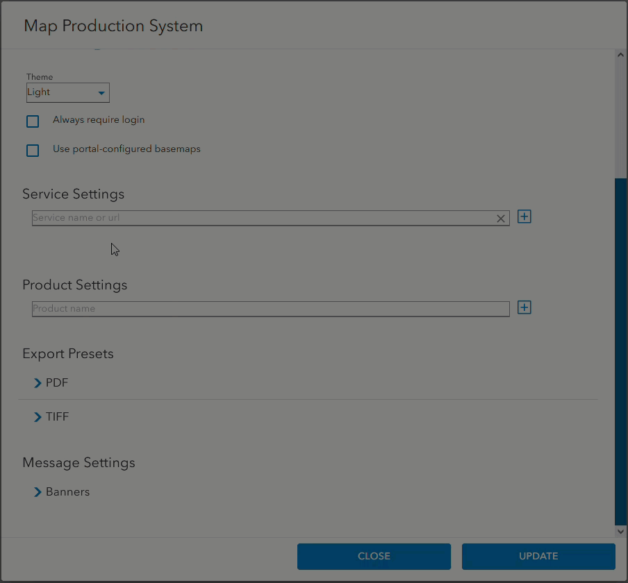 A value is provided for the Service Settings option in the Map Production System dialog box.