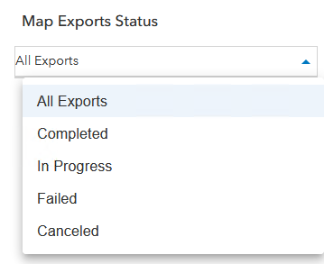 The filter options for exports in the Map Exports Status pane
