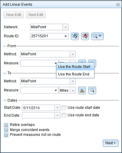 Get the from measure value of the event from the route start value