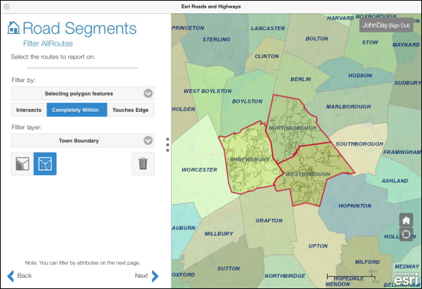 Selecting routes that intersect multiple town boundaries