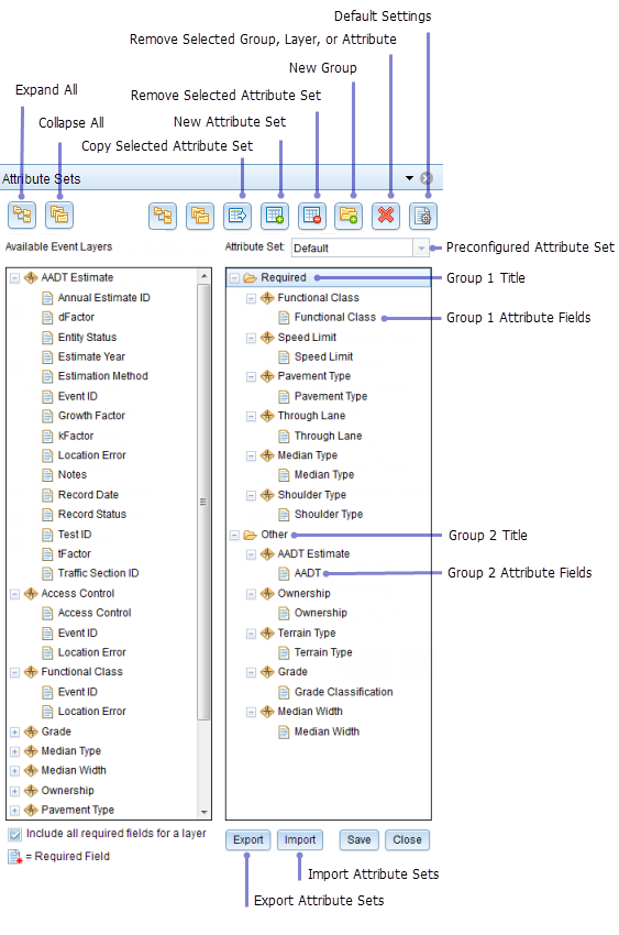 Attribute sets in Roadway Characteristics Editor