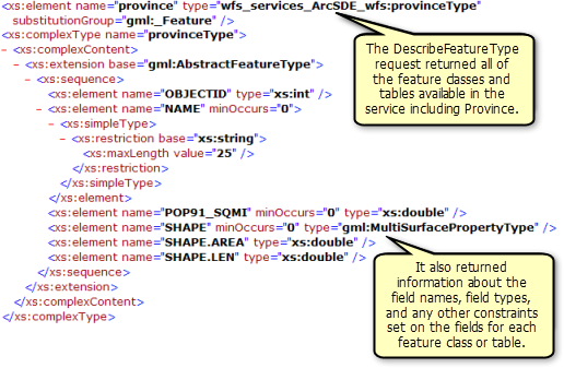 Feature classes, tables, and field information returned by the DescribeFeatureType operation
